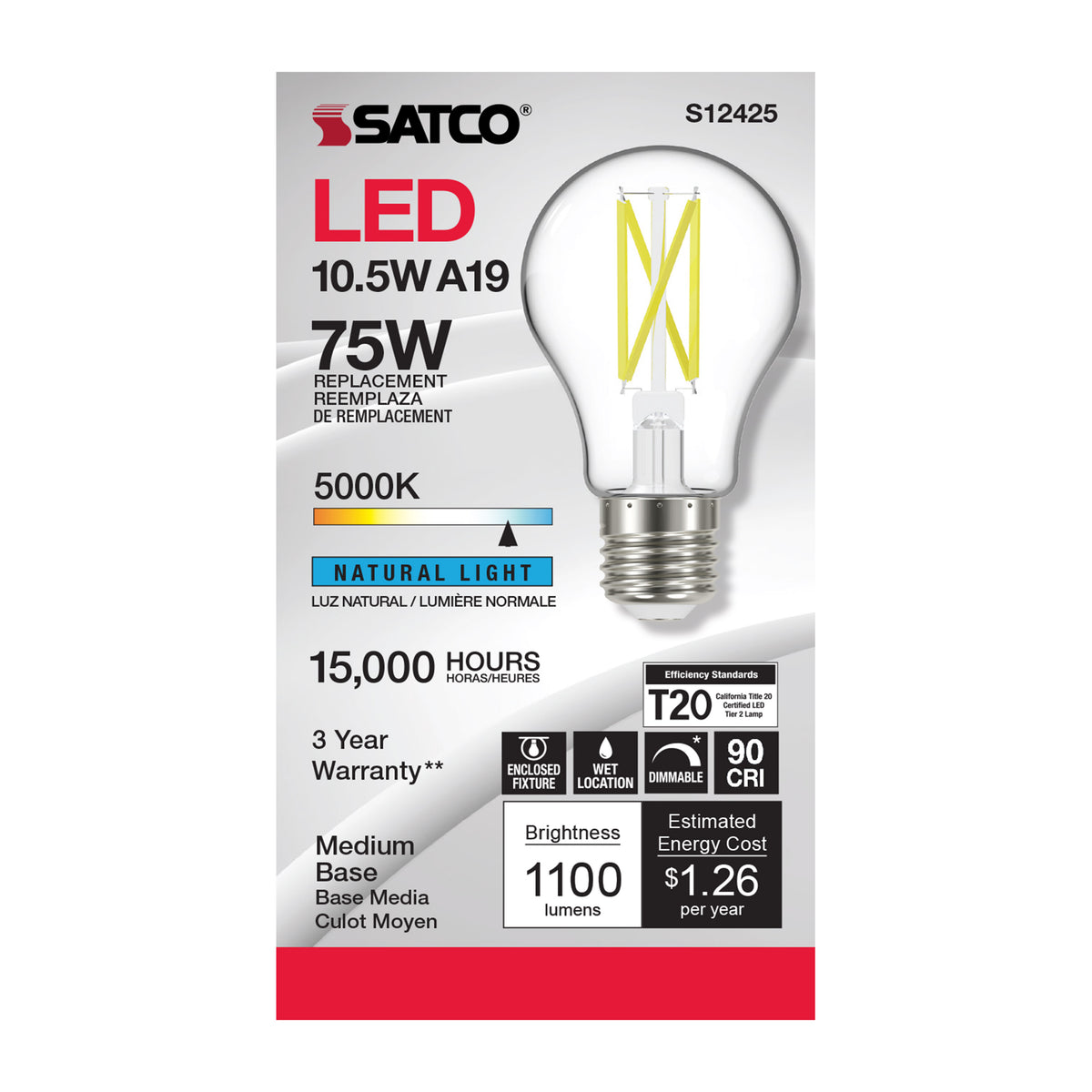 10.5 Watt A19 LED Filament - Clear - Medium Base - 5000K - 90 CRI - 120 Volt