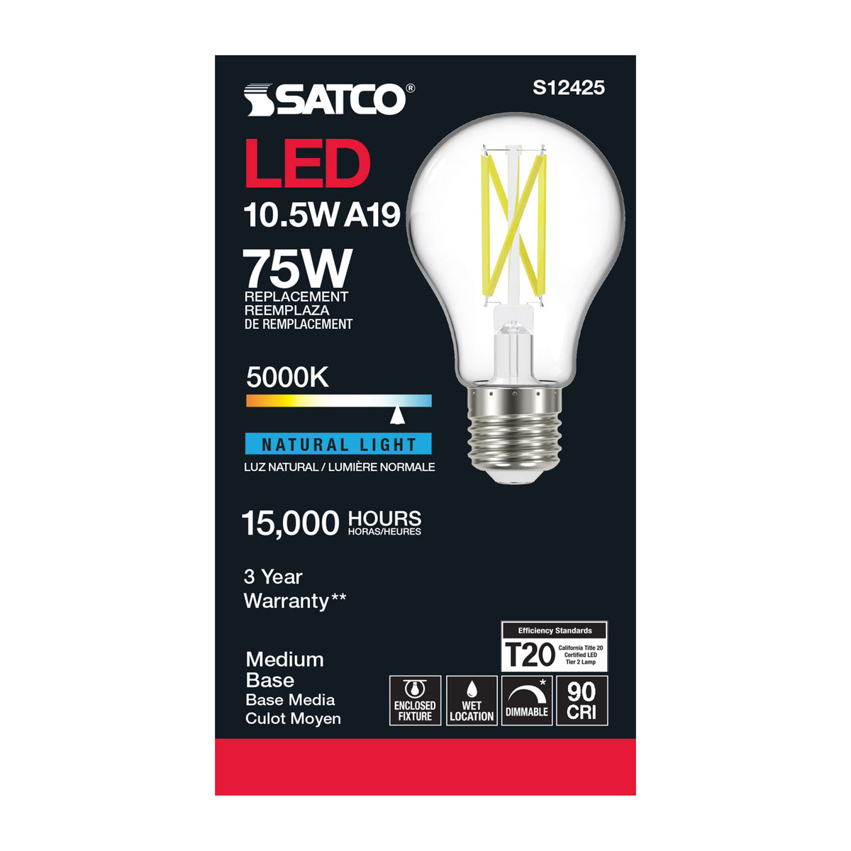10.5 Watt A19 LED Filament - Clear - Medium Base - 5000K - 90 CRI - 120 Volt