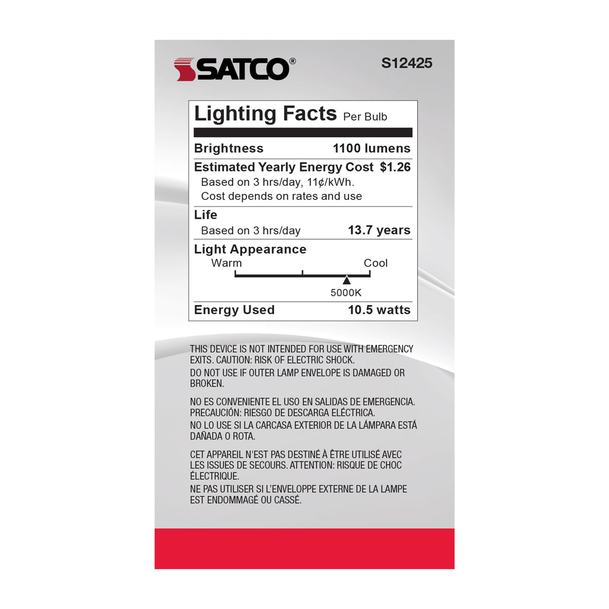 10.5 Watt A19 LED Filament - Clear - Medium Base - 5000K - 90 CRI - 120 Volt
