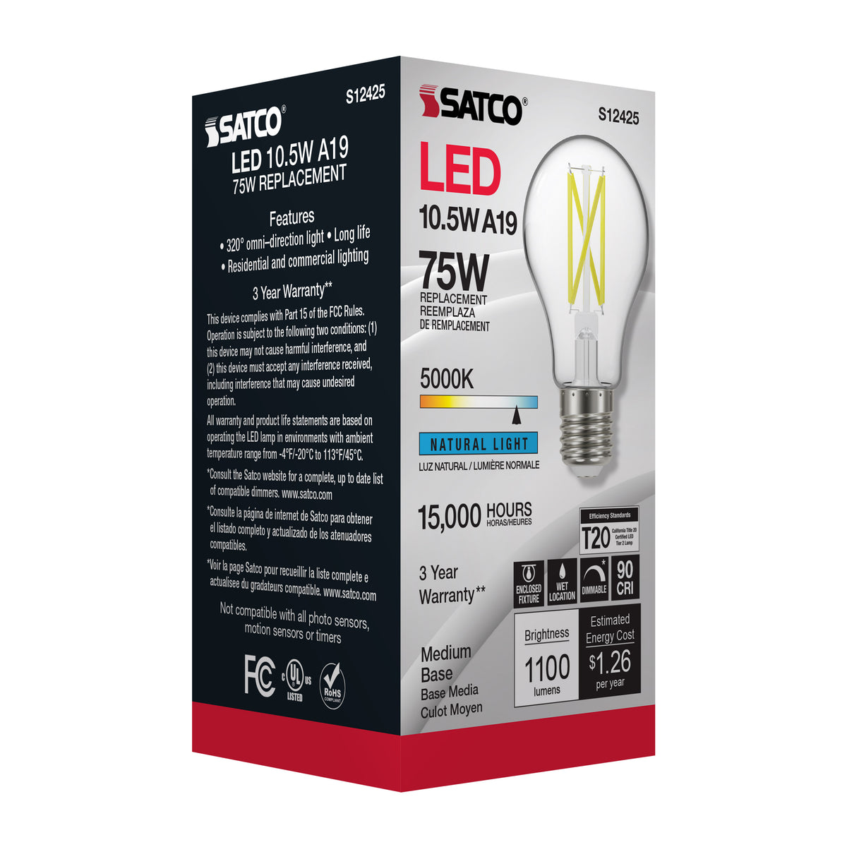 10.5 Watt A19 LED Filament - Clear - Medium Base - 5000K - 90 CRI - 120 Volt
