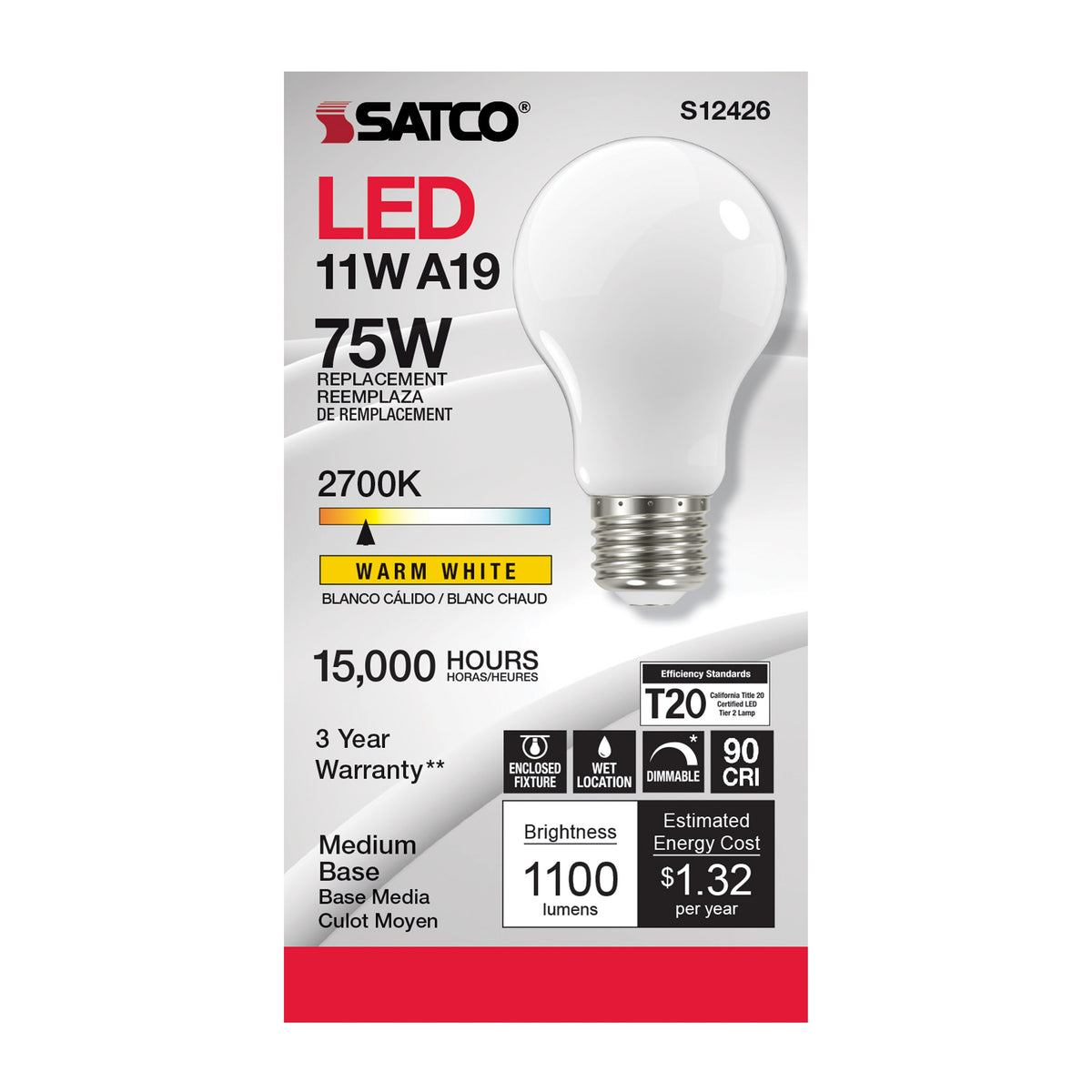11 Watt A19 LED Filament - Soft White - Medium Base - 2700K - 90 CRI - 120 Volt