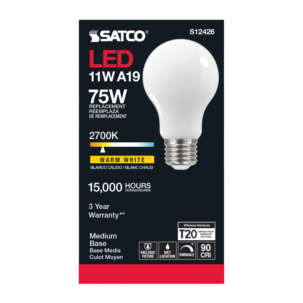 11 Watt A19 LED Filament - Soft White - Medium Base - 2700K - 90 CRI - 120 Volt