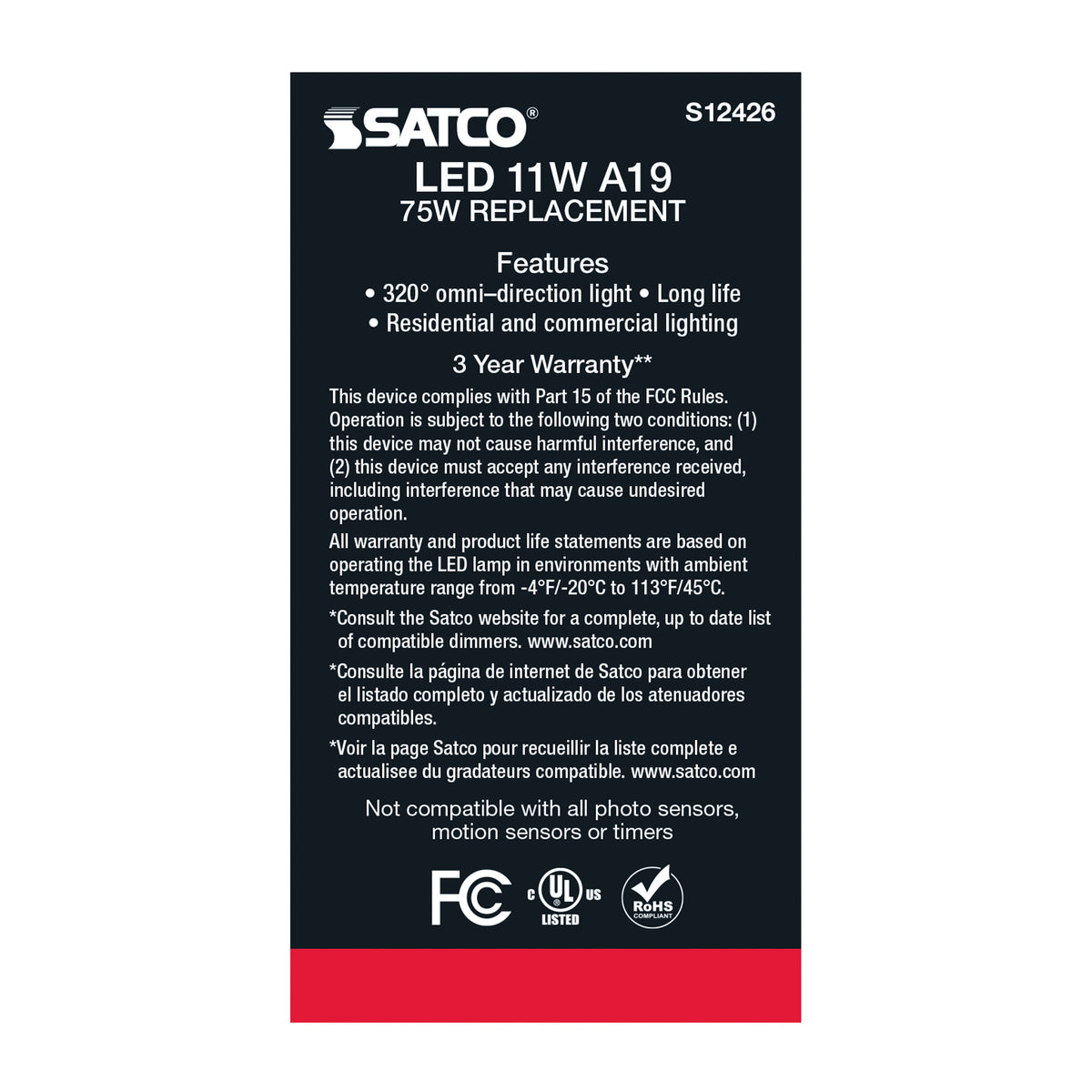 11 Watt A19 LED Filament - Soft White - Medium Base - 2700K - 90 CRI - 120 Volt