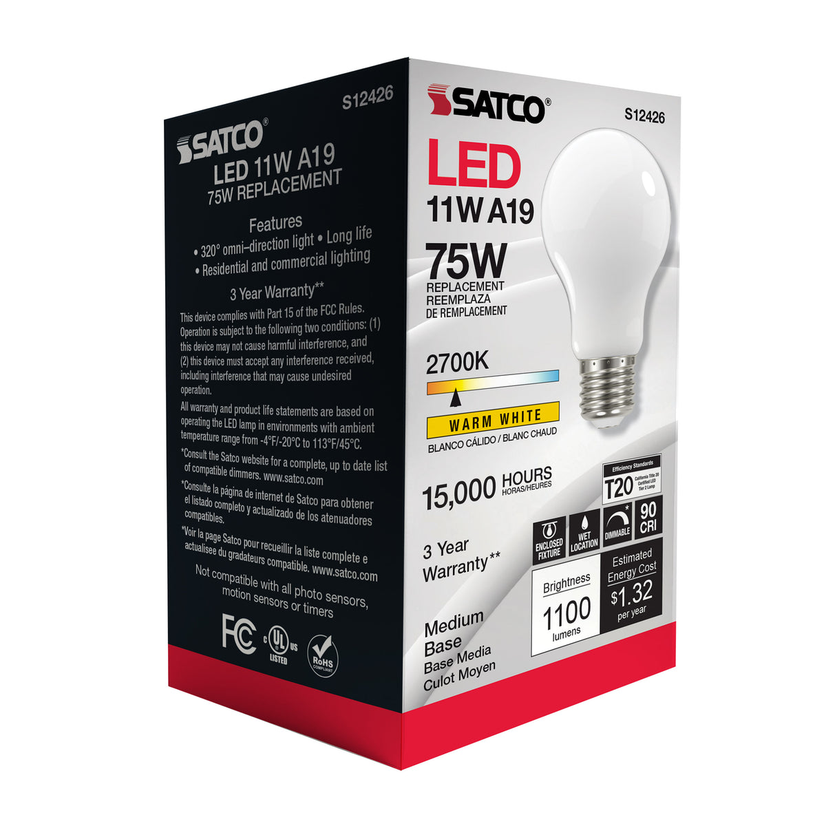 11 Watt A19 LED Filament - Soft White - Medium Base - 2700K - 90 CRI - 120 Volt