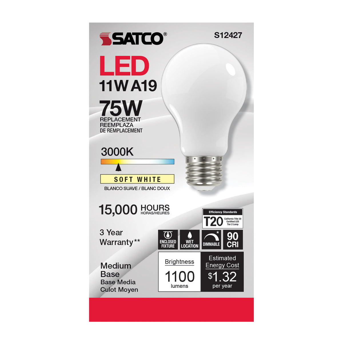 11 Watt A19 LED Filament - Soft White - Medium Base - 3000K - 90 CRI - 120 Volt