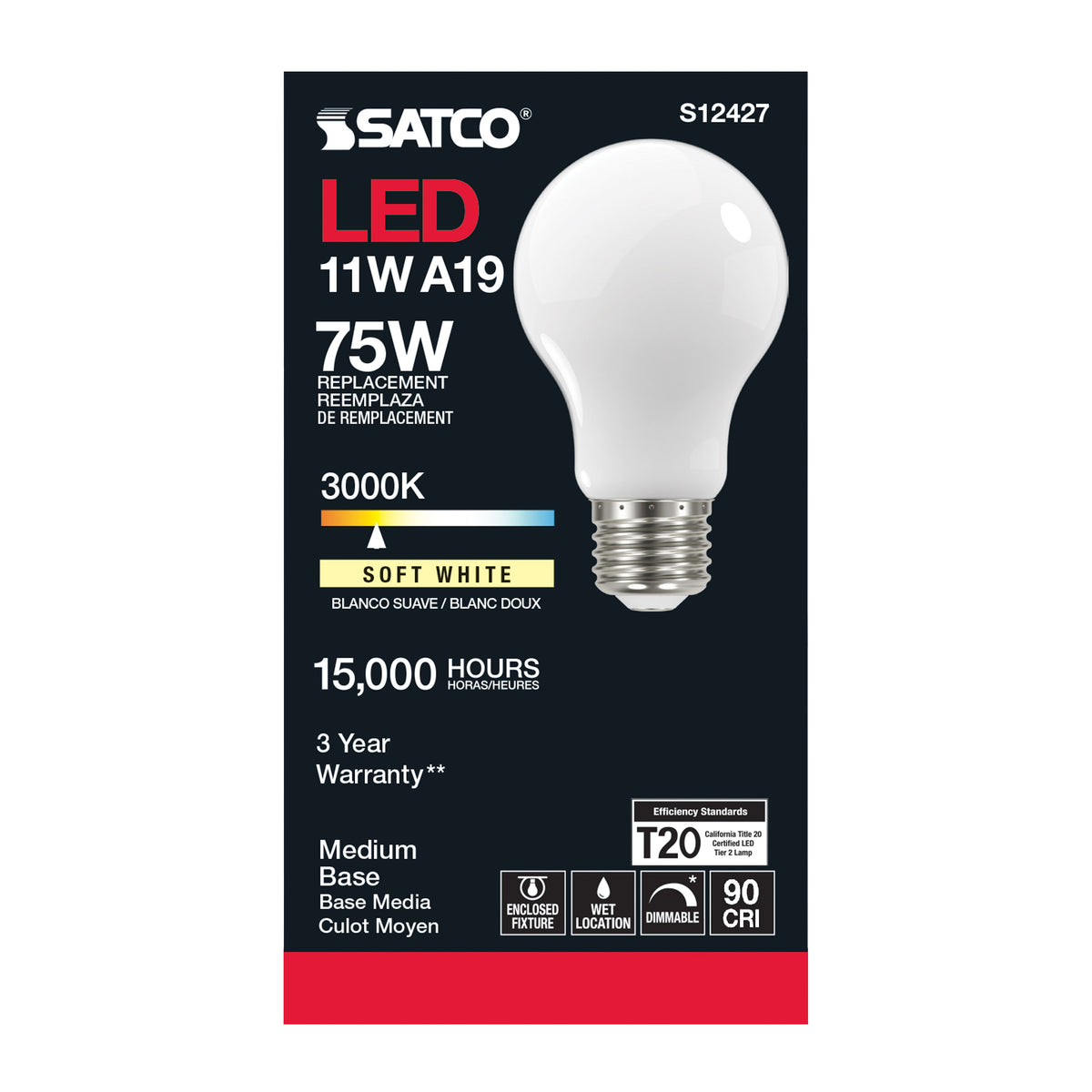 11 Watt A19 LED Filament - Soft White - Medium Base - 3000K - 90 CRI - 120 Volt
