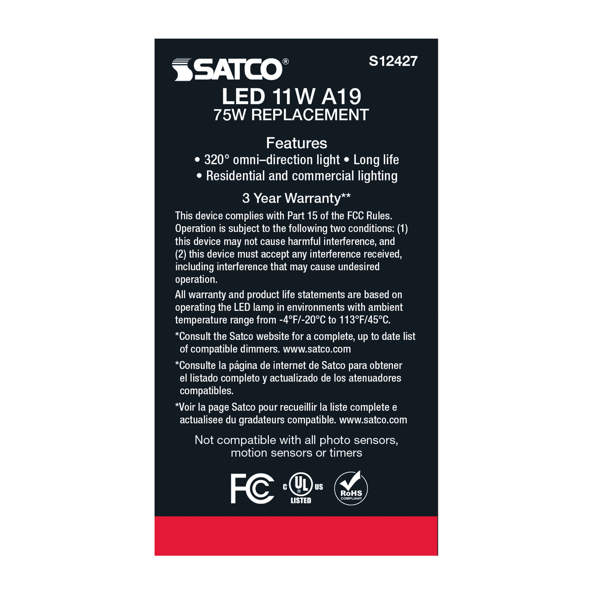 11 Watt A19 LED Filament - Soft White - Medium Base - 3000K - 90 CRI - 120 Volt