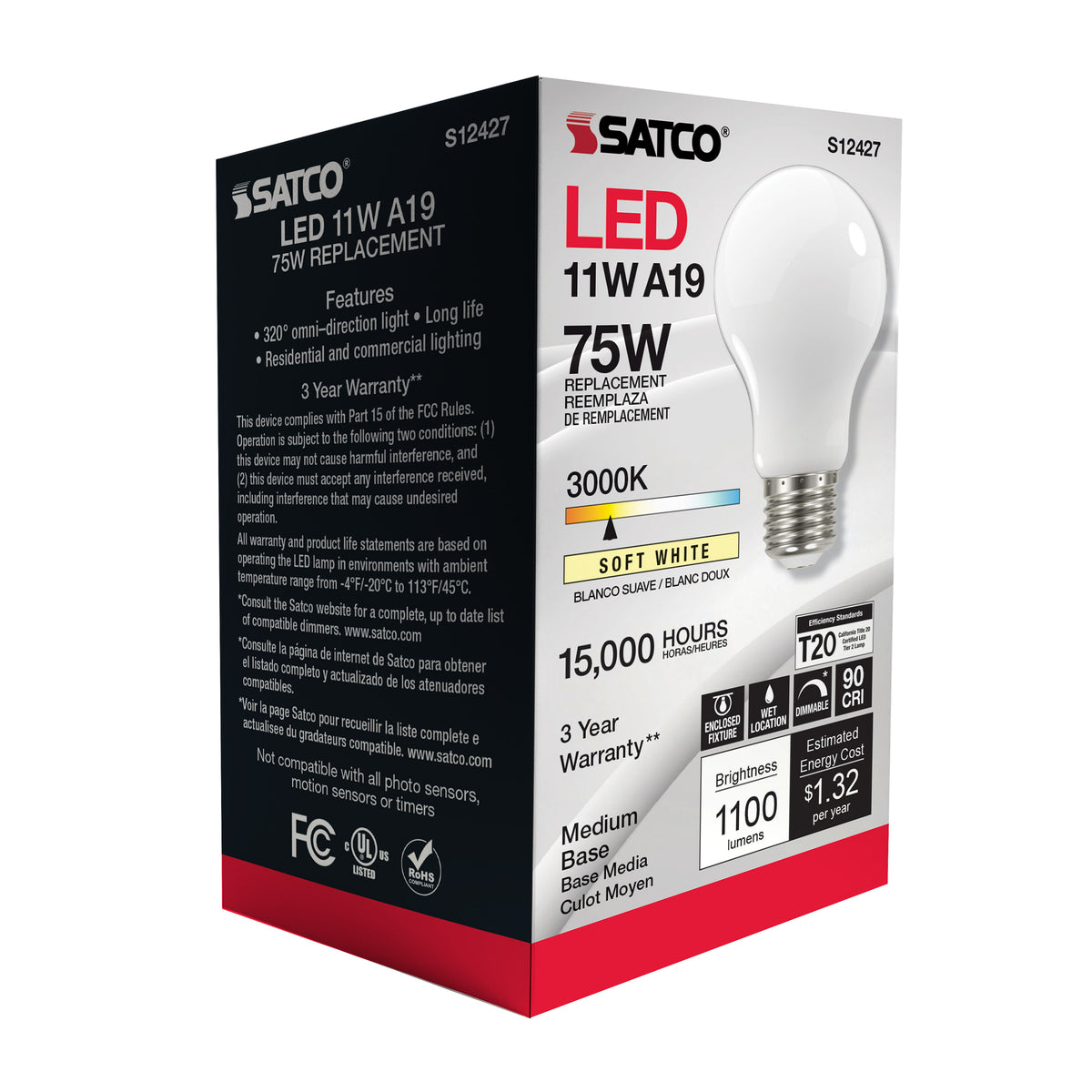11 Watt A19 LED Filament - Soft White - Medium Base - 3000K - 90 CRI - 120 Volt