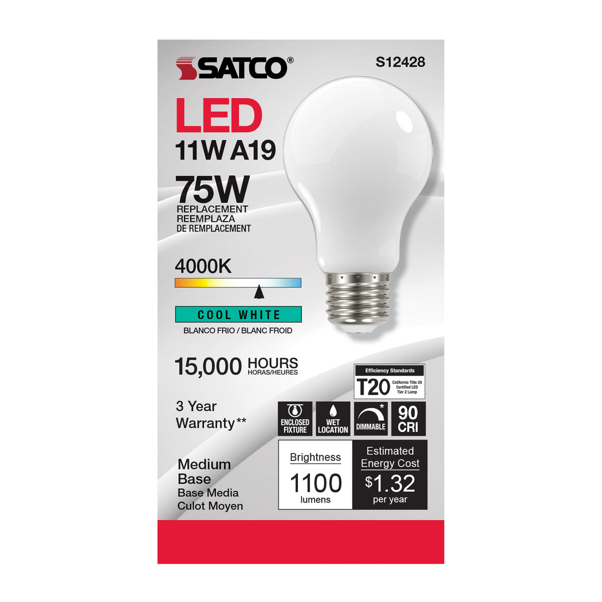 11 Watt A19 LED Filament - Soft White - Medium Base - 4000K - 90 CRI - 120 Volt