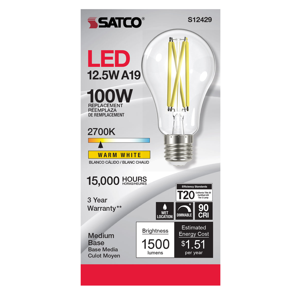 12.5 Watt A19 LED Filament - Clear - Medium Base - 2700K - 90 CRI - 120 Volt
