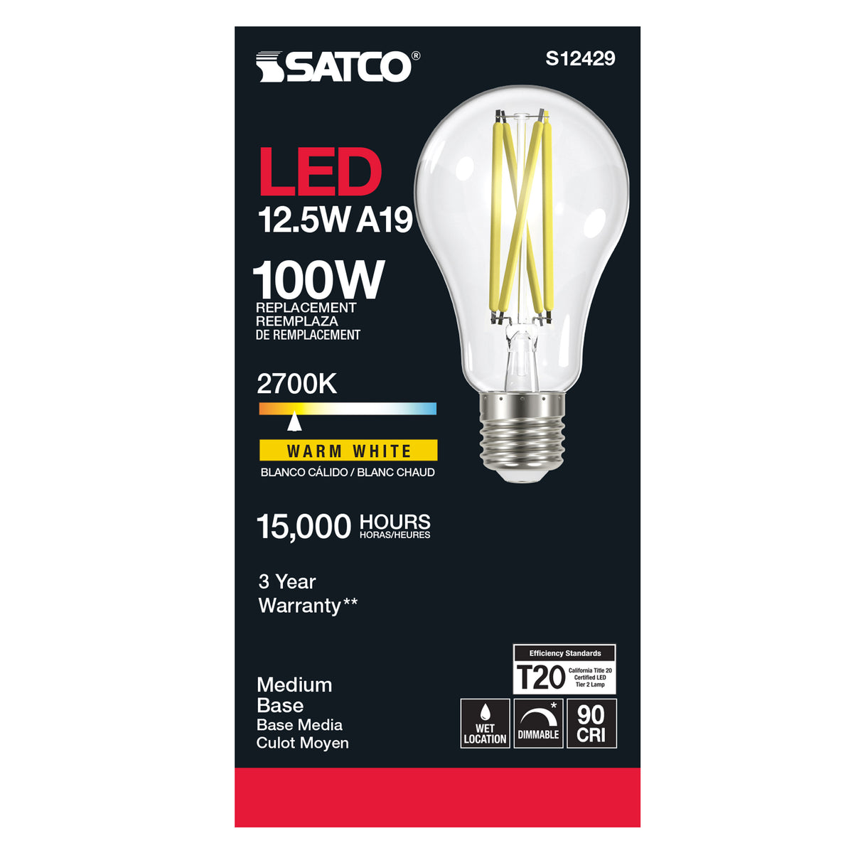 12.5 Watt A19 LED Filament - Clear - Medium Base - 2700K - 90 CRI - 120 Volt