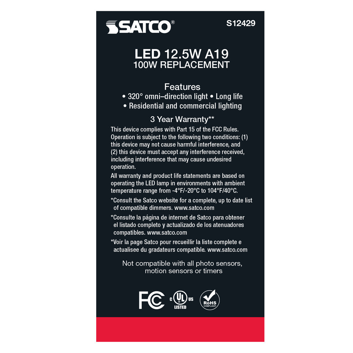 12.5 Watt A19 LED Filament - Clear - Medium Base - 2700K - 90 CRI - 120 Volt