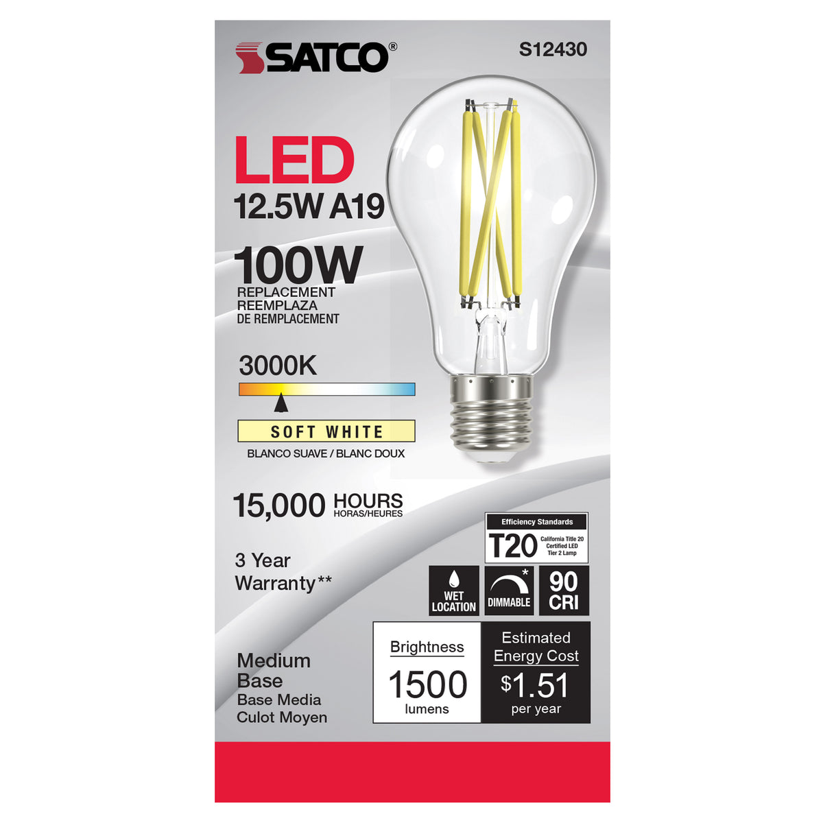 12.5 Watt A19 LED Filament - Clear - Medium Base - 3000K - 90 CRI - 120 Volt