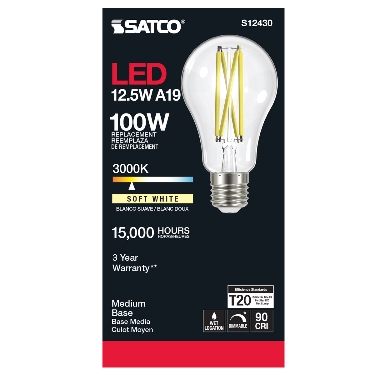 12.5 Watt A19 LED Filament - Clear - Medium Base - 3000K - 90 CRI - 120 Volt