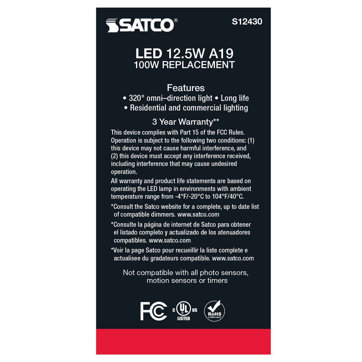 12.5 Watt A19 LED Filament - Clear - Medium Base - 3000K - 90 CRI - 120 Volt