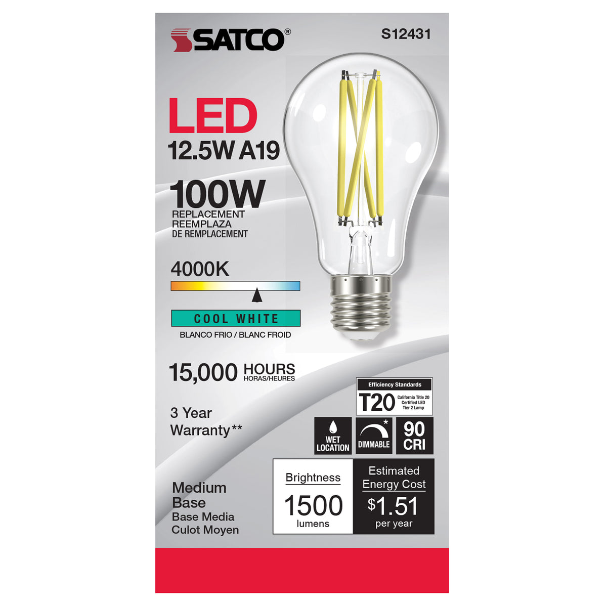 12.5 Watt A19 LED Filament - Clear - Medium Base - 4000K - 90 CRI - 120 Volt