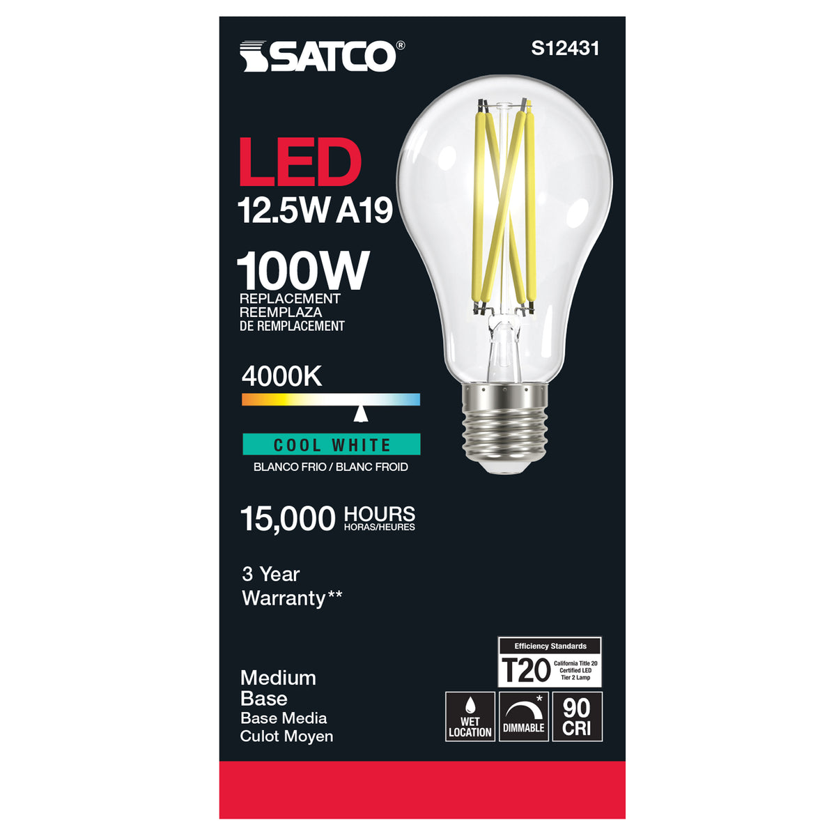 12.5 Watt A19 LED Filament - Clear - Medium Base - 4000K - 90 CRI - 120 Volt