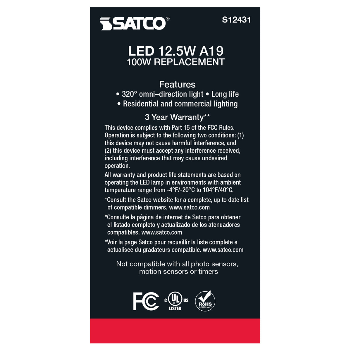 12.5 Watt A19 LED Filament - Clear - Medium Base - 4000K - 90 CRI - 120 Volt