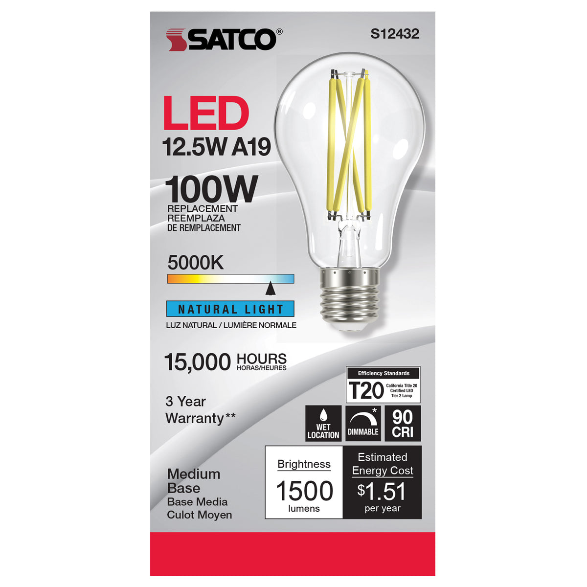 12.5 Watt A19 LED Filament - Clear - Medium Base - 5000K - 90 CRI - 120 Volt
