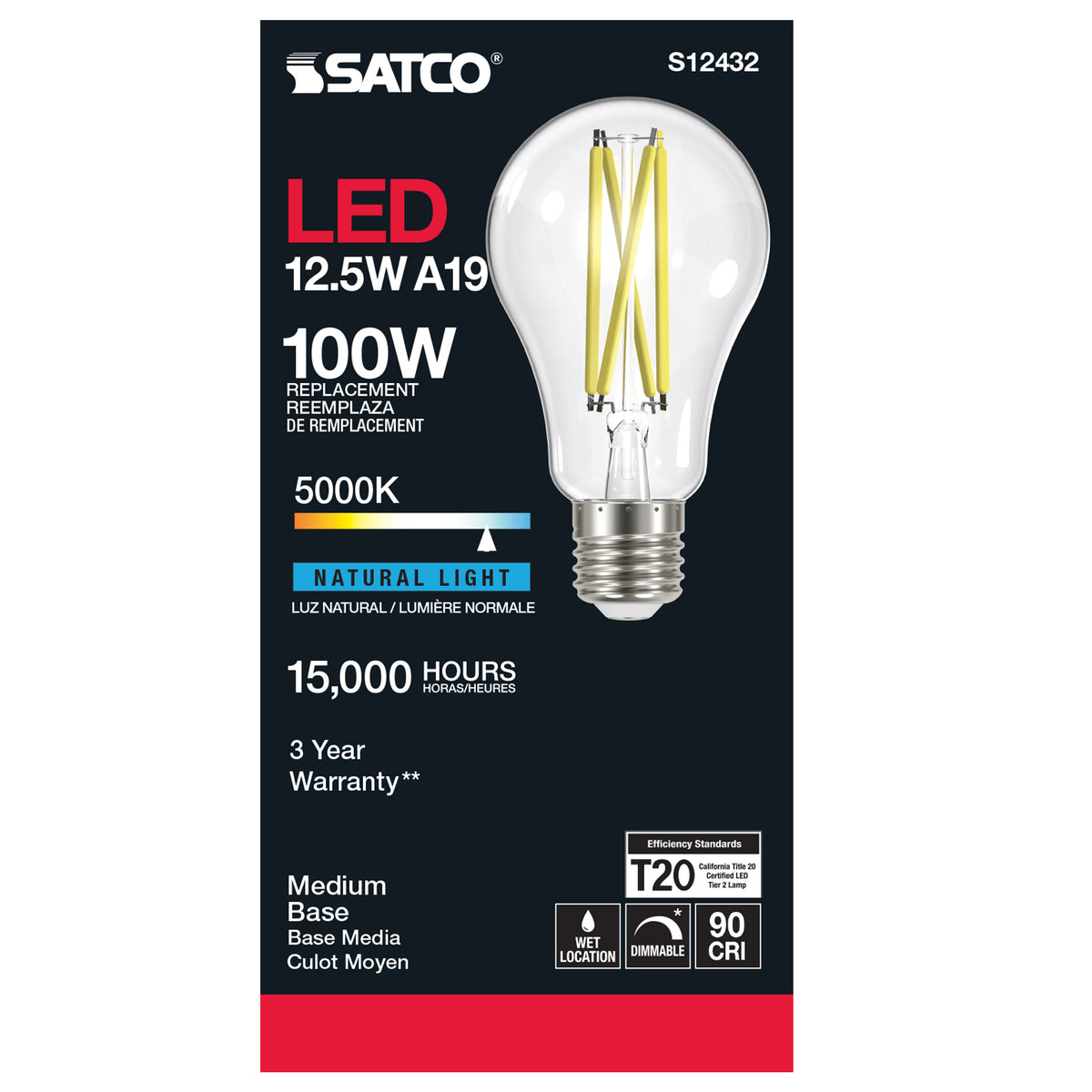 12.5 Watt A19 LED Filament - Clear - Medium Base - 5000K - 90 CRI - 120 Volt