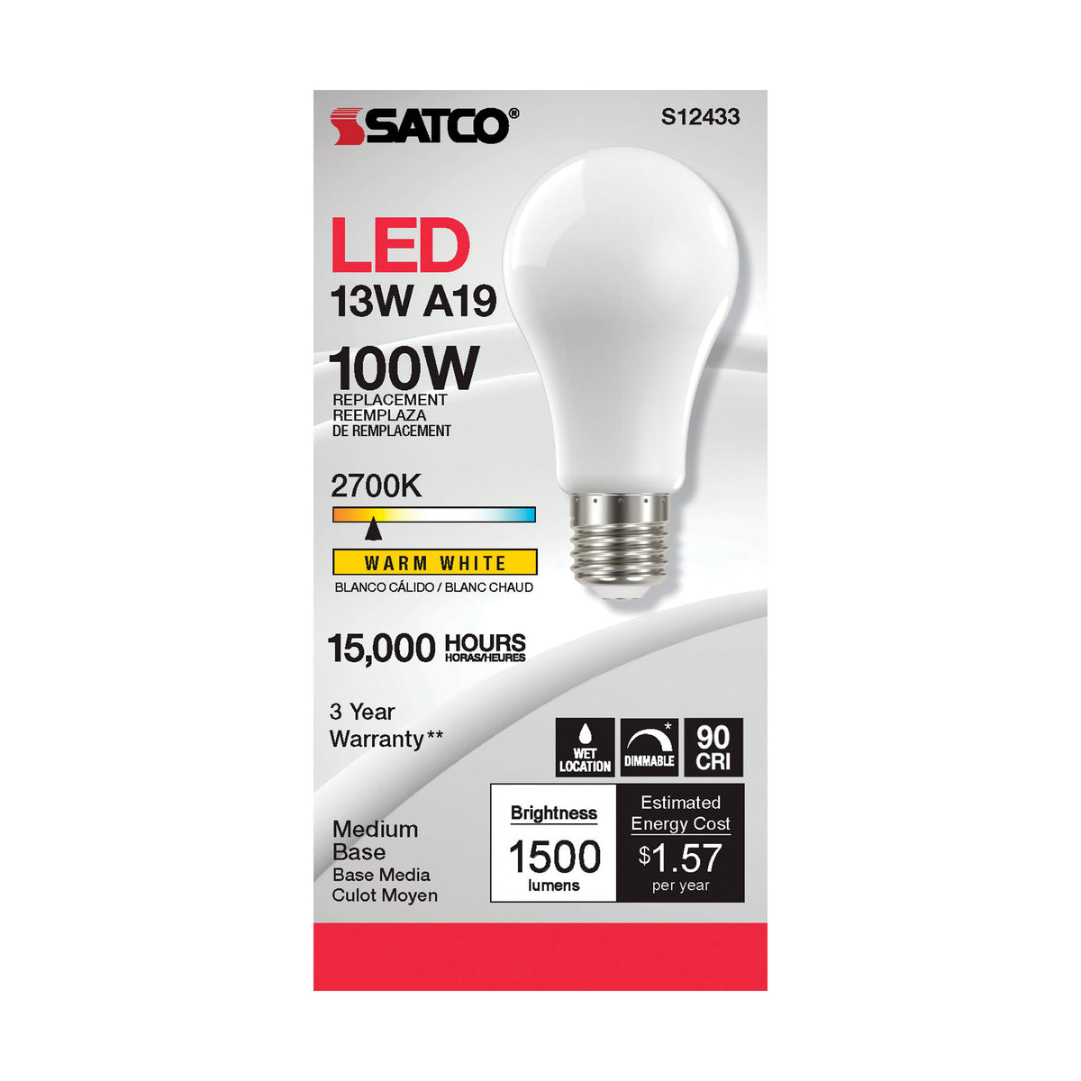 13.5 Watt A19 LED Filament - Soft White - Medium Base - 2700K - 90 CRI - 120 Volt
