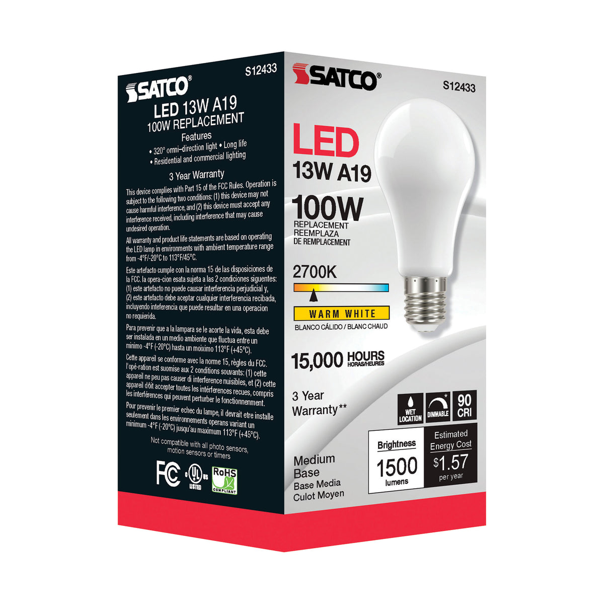 13.5 Watt A19 LED Filament - Soft White - Medium Base - 2700K - 90 CRI - 120 Volt