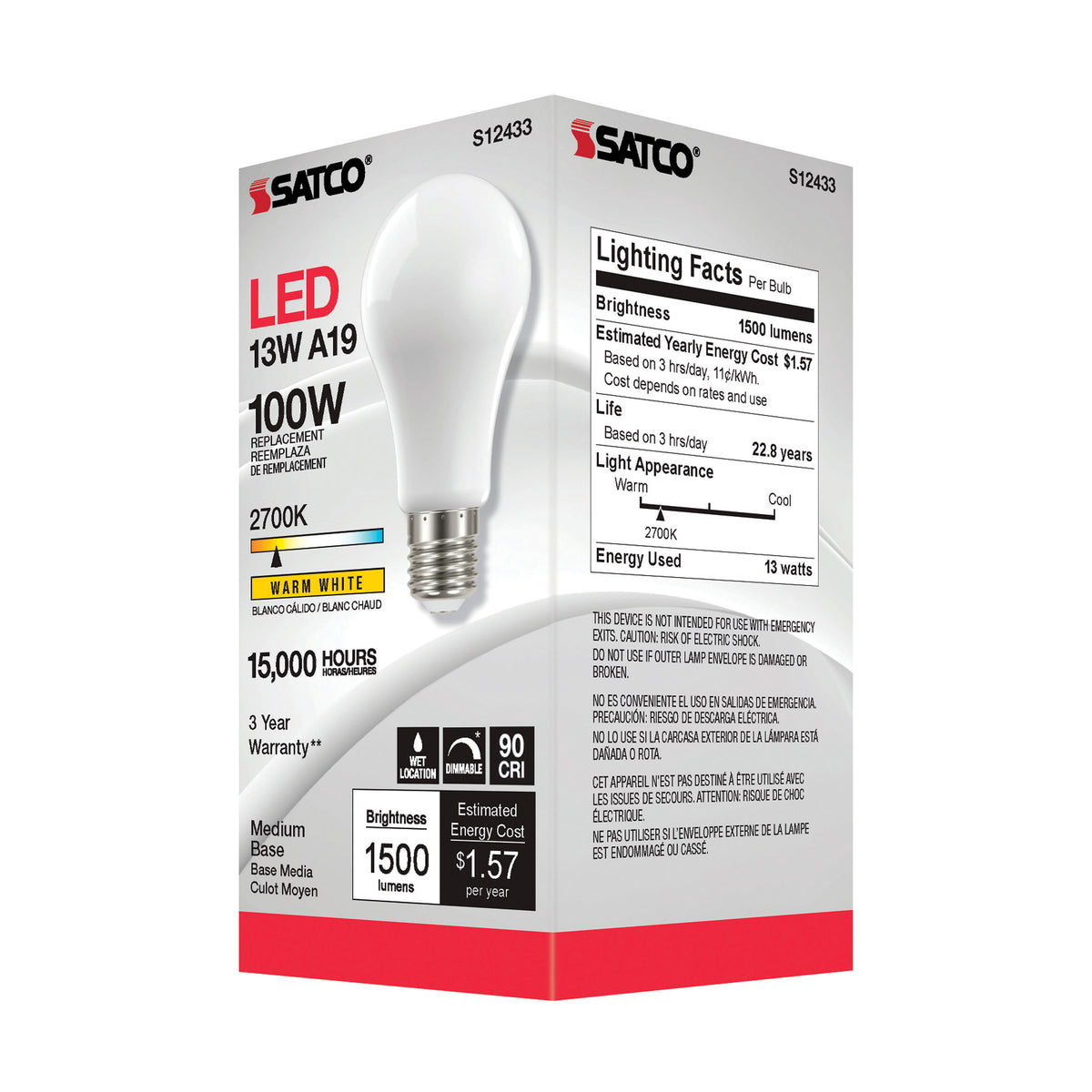 13.5 Watt A19 LED Filament - Soft White - Medium Base - 2700K - 90 CRI - 120 Volt