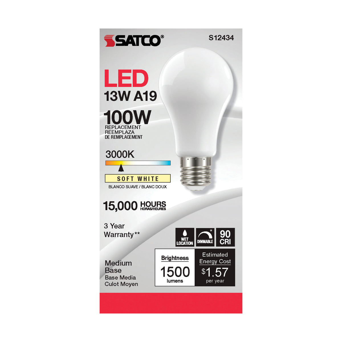 13.5 Watt A19 LED Filament - Soft White - Medium Base - 3000K - 90 CRI - 120 Volt