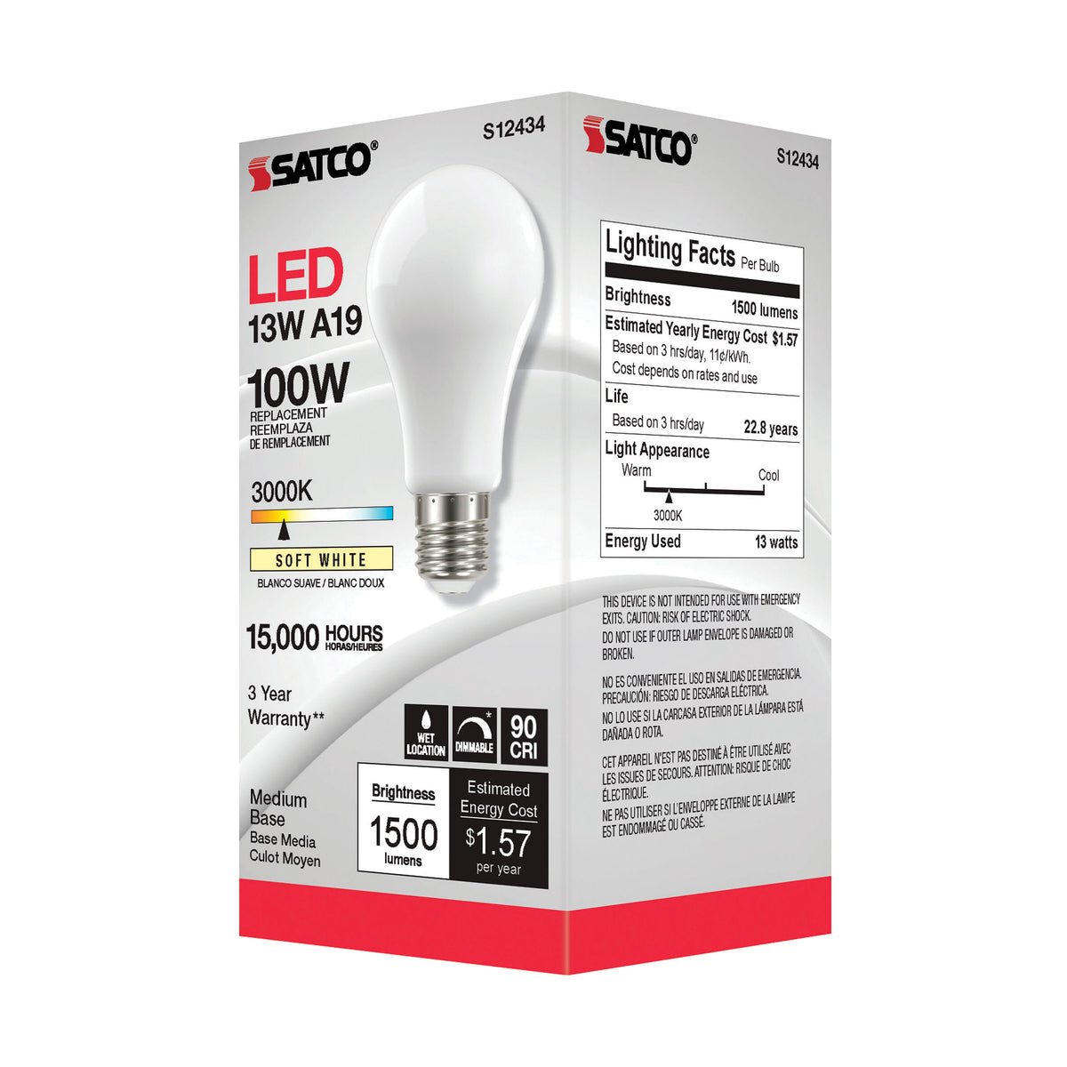 13.5 Watt A19 LED Filament - Soft White - Medium Base - 3000K - 90 CRI - 120 Volt
