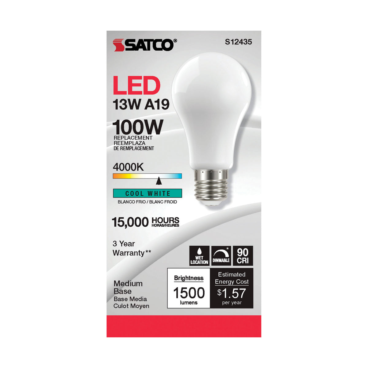 13.5 Watt A19 LED Filament - Soft White - Medium Base - 4000K - 90 CRI - 120 Volt