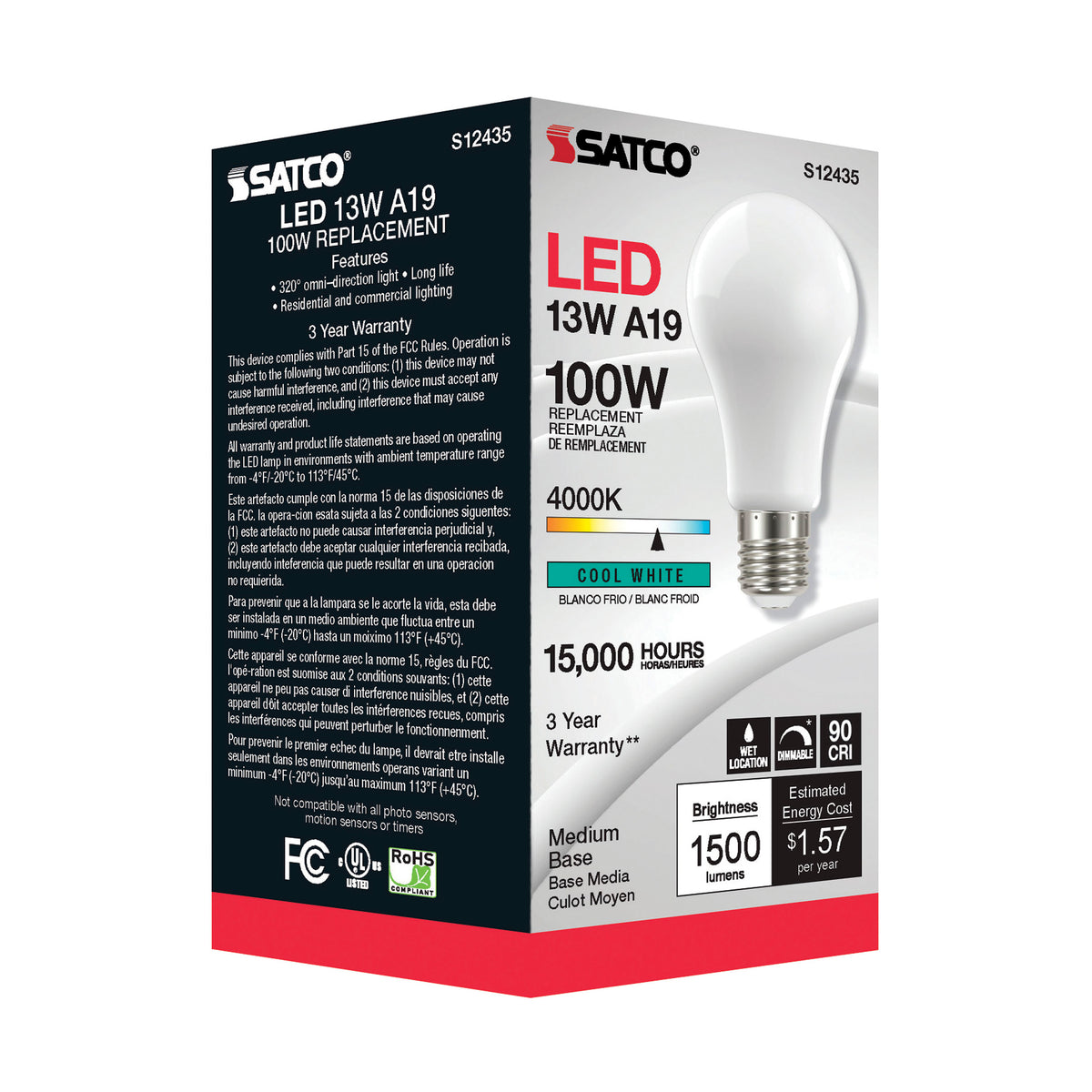 13.5 Watt A19 LED Filament - Soft White - Medium Base - 4000K - 90 CRI - 120 Volt