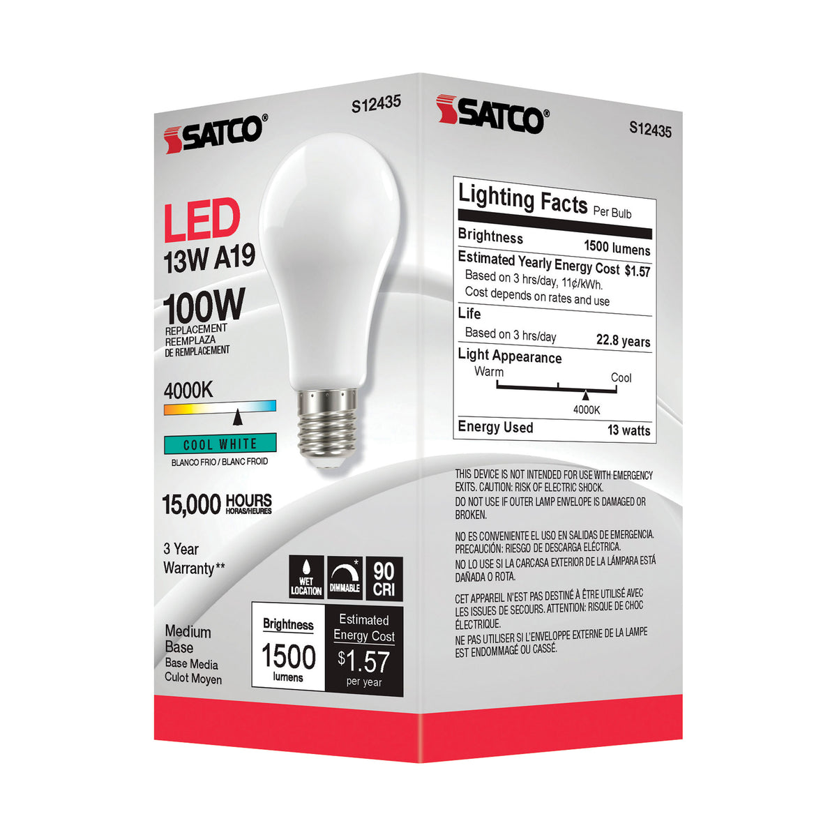 13.5 Watt A19 LED Filament - Soft White - Medium Base - 4000K - 90 CRI - 120 Volt