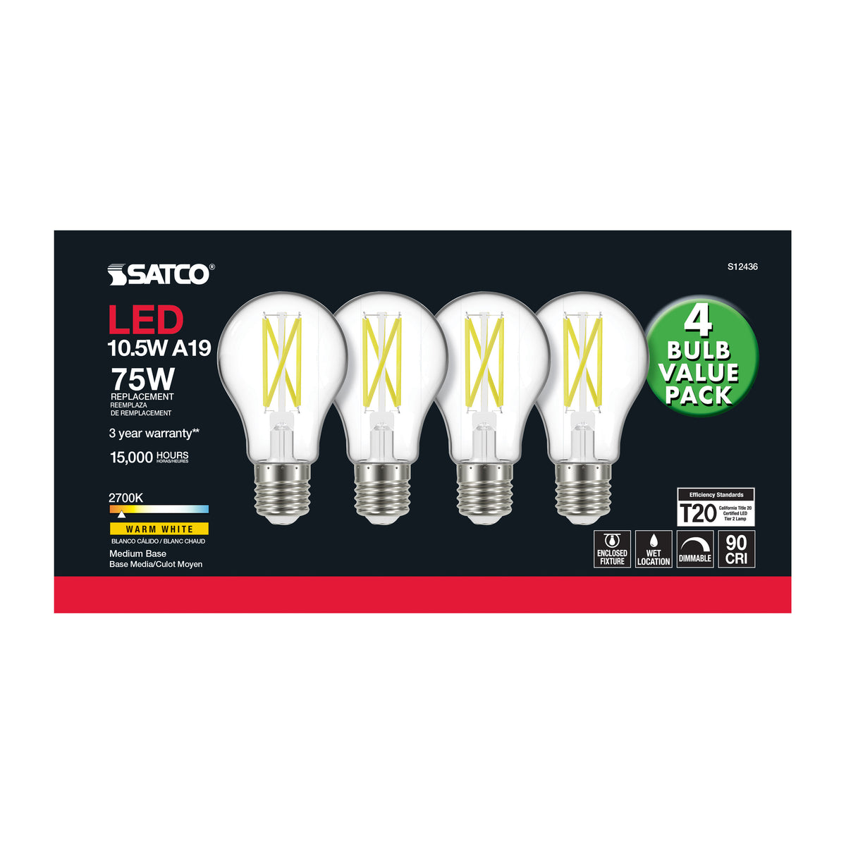 10.5 Watt A19 LED Filament - 75 Watt Replacement - Clear - Medium base - 2700K - 120 Volt - 4-Pack