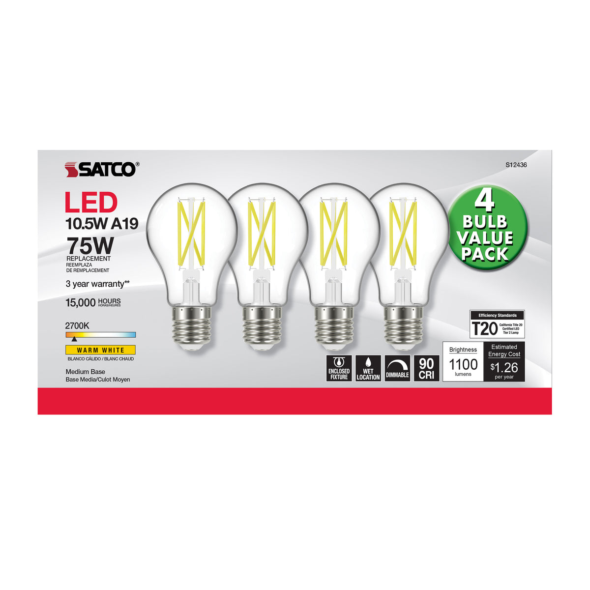 10.5 Watt A19 LED Filament - 75 Watt Replacement - Clear - Medium base - 2700K - 120 Volt - 4-Pack