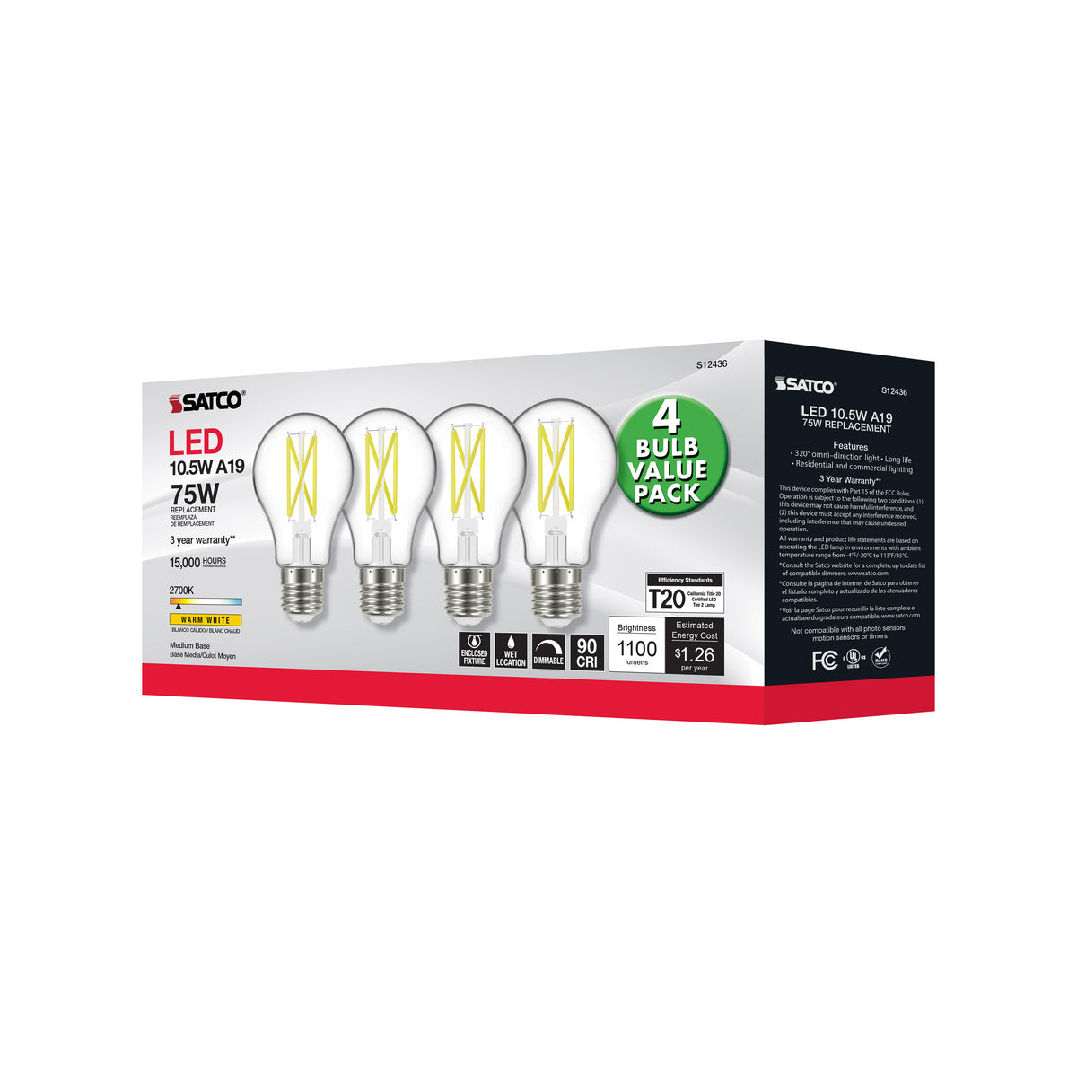 10.5 Watt A19 LED Filament - 75 Watt Replacement - Clear - Medium base - 2700K - 120 Volt - 4-Pack