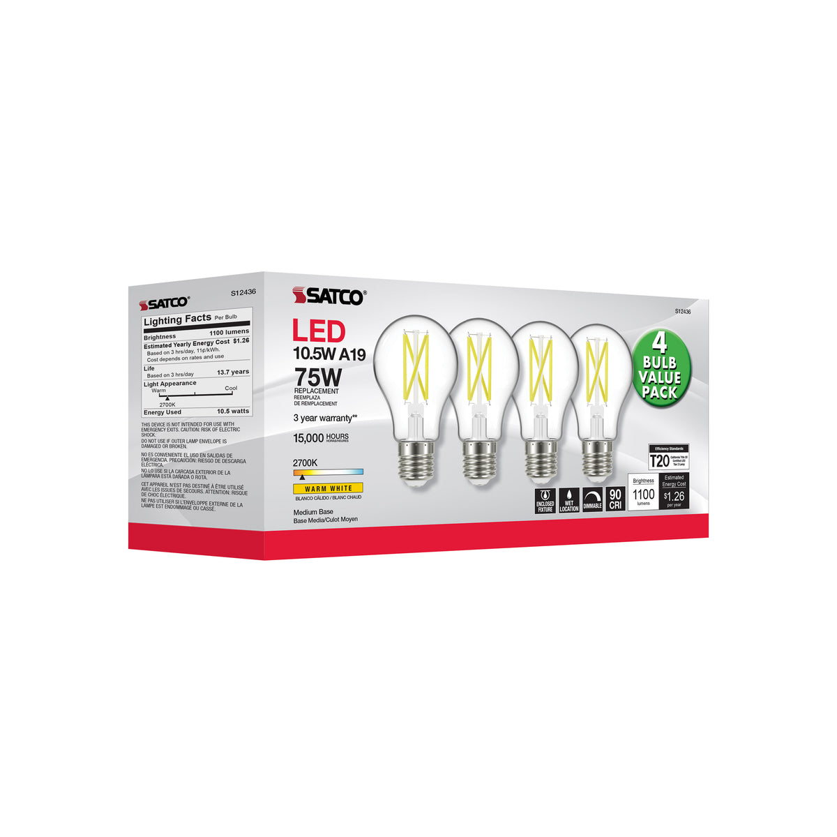 10.5 Watt A19 LED Filament - 75 Watt Replacement - Clear - Medium base - 2700K - 120 Volt - 4-Pack