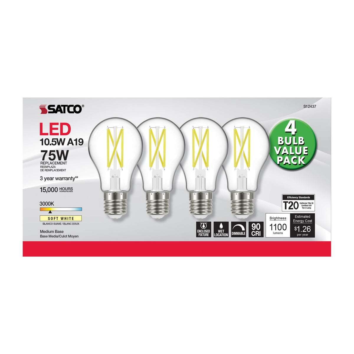 10.5 Watt A19 LED Filament - 75 Watt Replacement - Clear - Medium base - 3000K - 120 Volt - 4-Pack