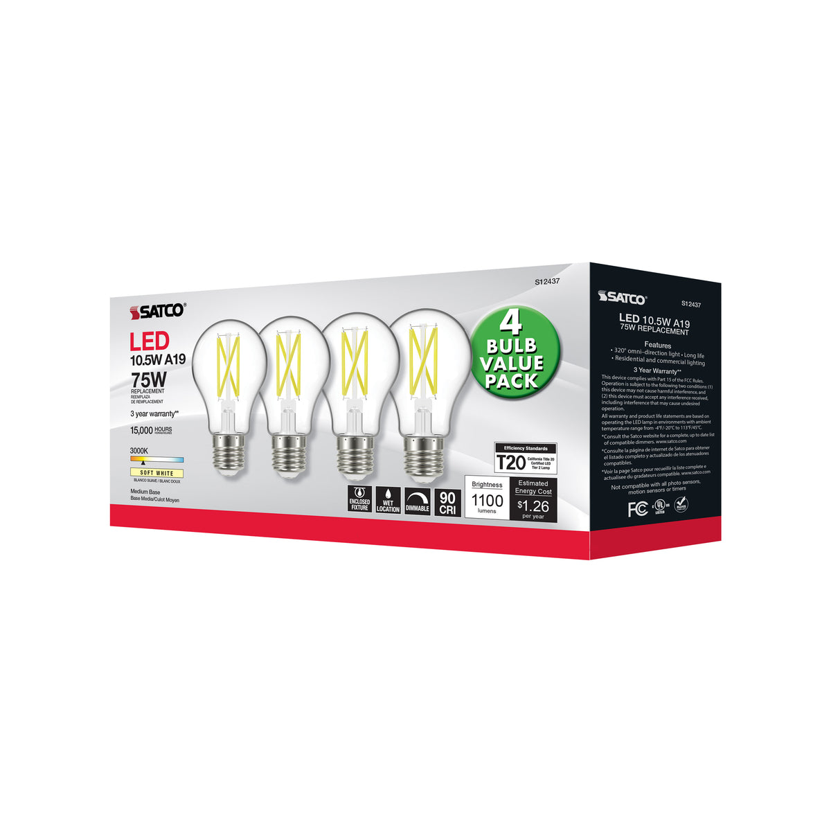 10.5 Watt A19 LED Filament - 75 Watt Replacement - Clear - Medium base - 3000K - 120 Volt - 4-Pack