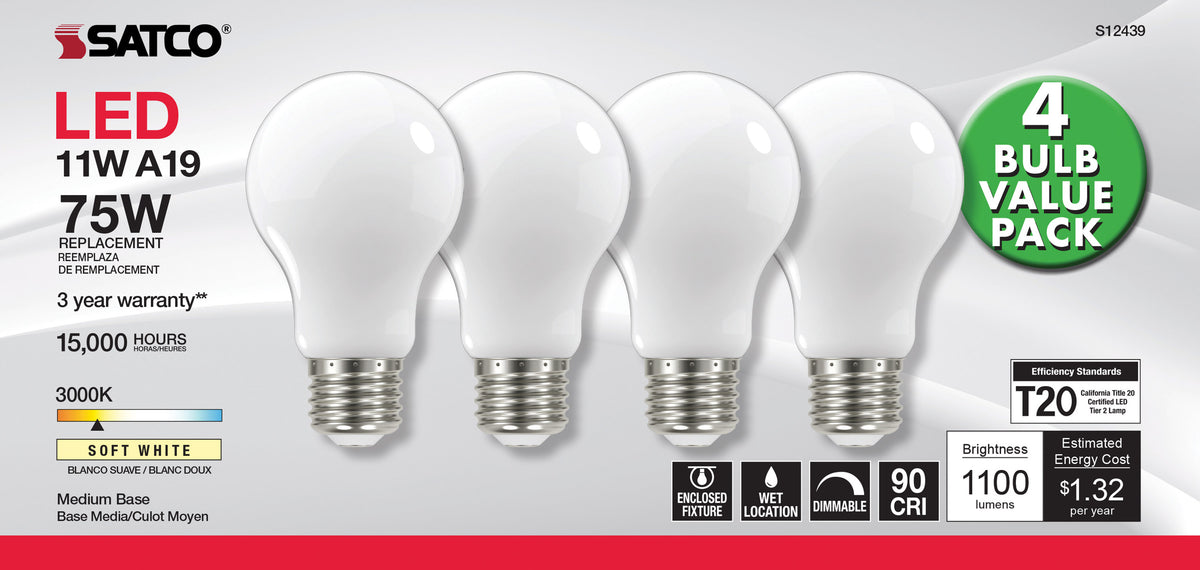 11 Watt A19 LED Filament - 75 Watt Replacement - Soft White - Medium base - 3000K - 120 Volt - 4-Pack