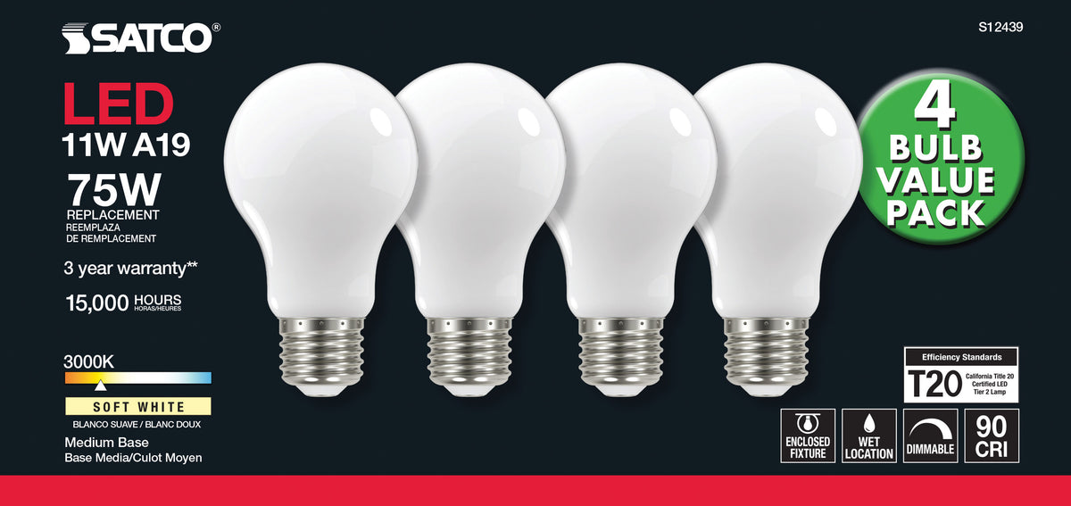 11 Watt A19 LED Filament - 75 Watt Replacement - Soft White - Medium base - 3000K - 120 Volt - 4-Pack