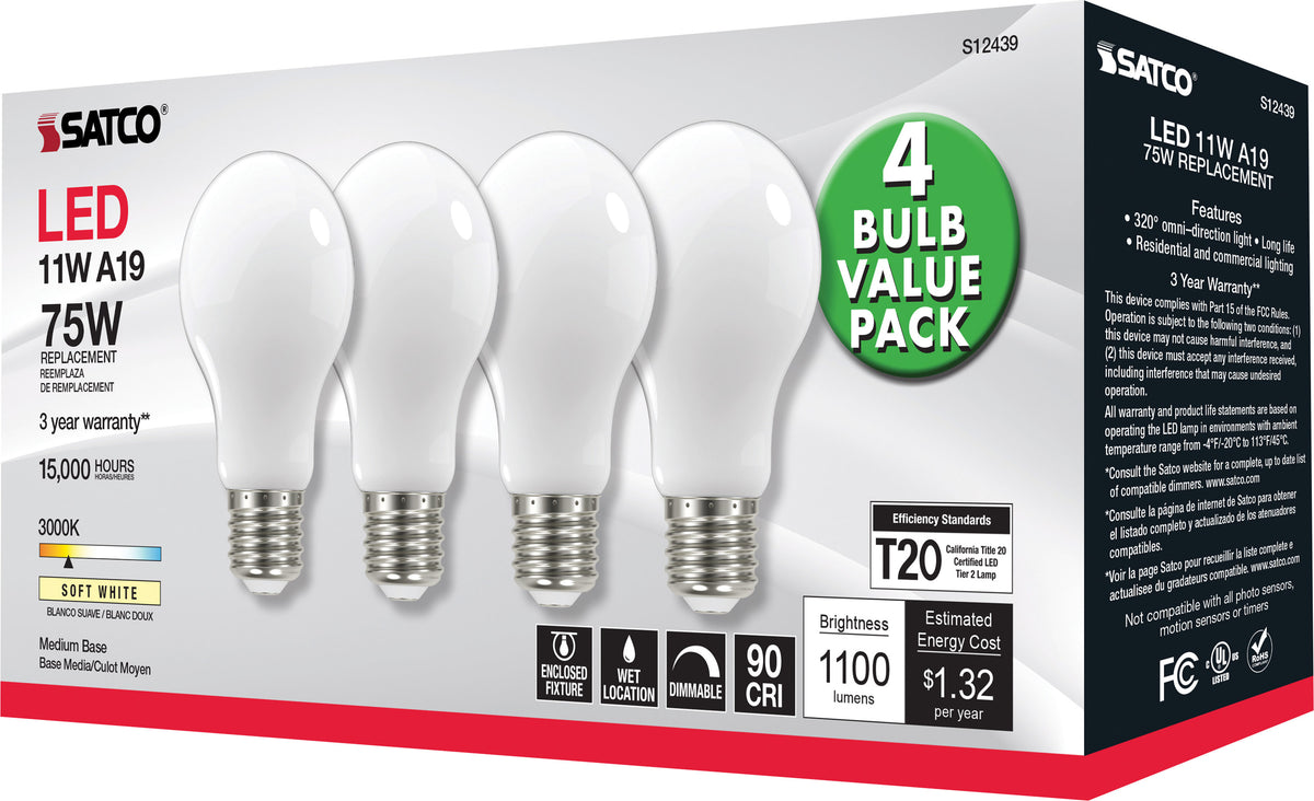 11 Watt A19 LED Filament - 75 Watt Replacement - Soft White - Medium base - 3000K - 120 Volt - 4-Pack