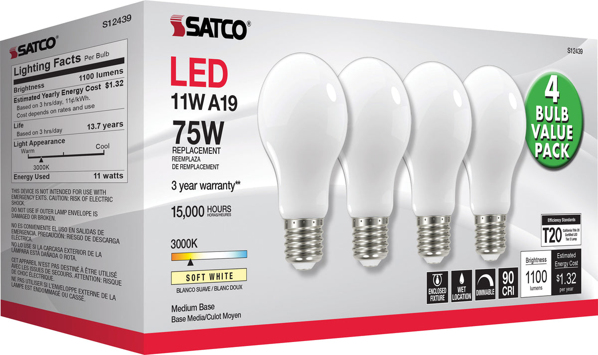 11 Watt A19 LED Filament - 75 Watt Replacement - Soft White - Medium base - 3000K - 120 Volt - 4-Pack