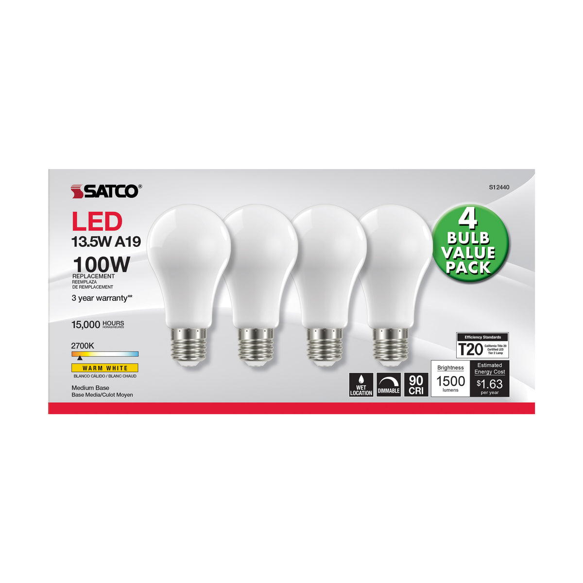 13.5 Watt A19 LED Filament - 100 Watt Replacement - Soft White - Medium base - 2700K - 120 Volt - 4-Pack