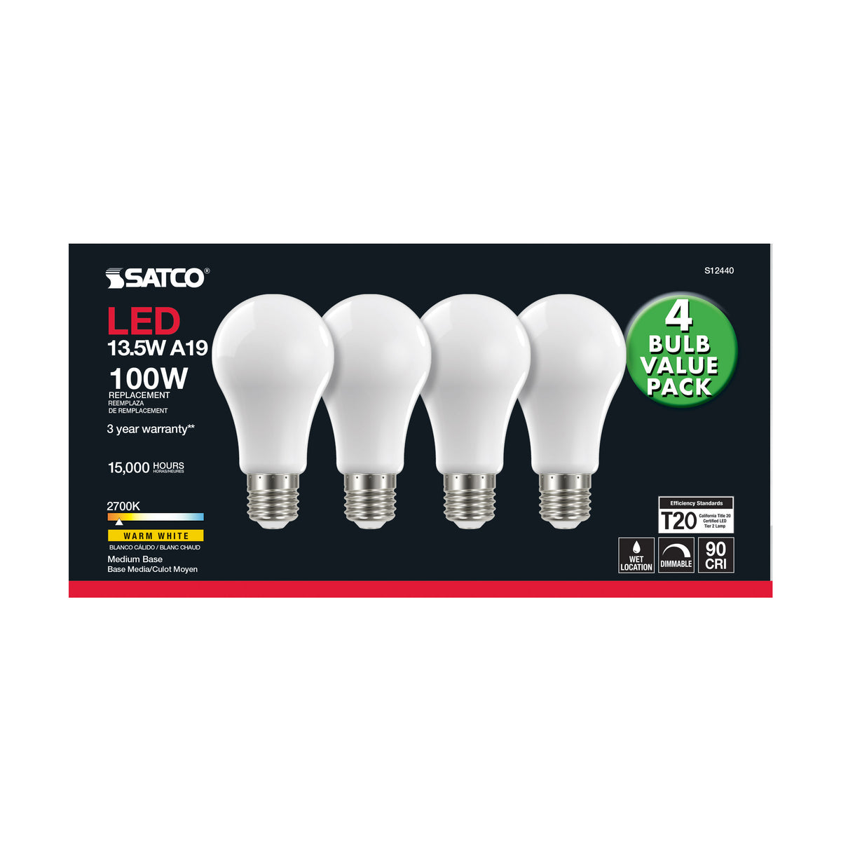 13.5 Watt A19 LED Filament - 100 Watt Replacement - Soft White - Medium base - 2700K - 120 Volt - 4-Pack