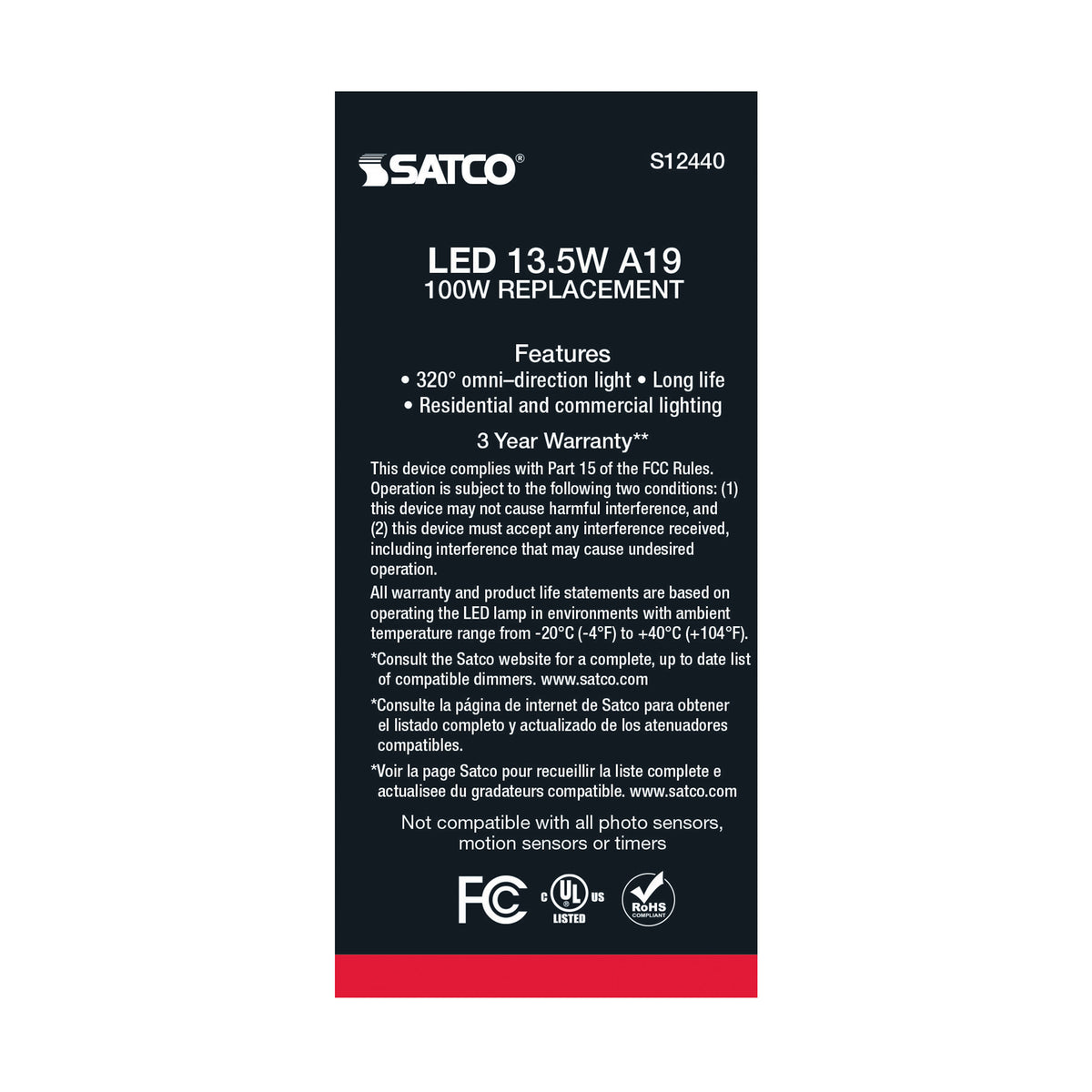 13.5 Watt A19 LED Filament - 100 Watt Replacement - Soft White - Medium base - 2700K - 120 Volt - 4-Pack