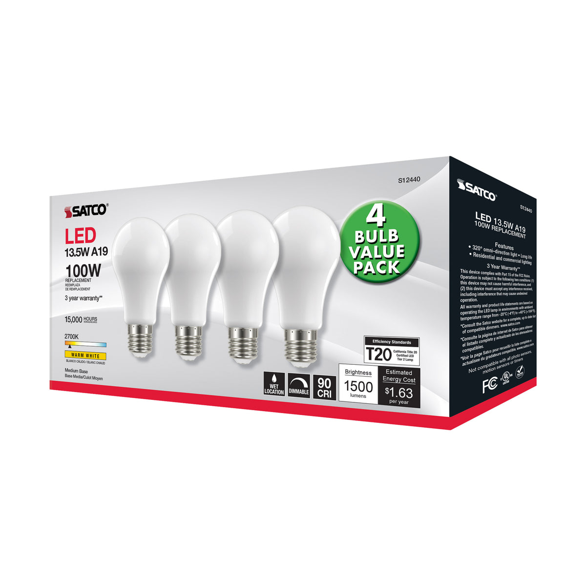 13.5 Watt A19 LED Filament - 100 Watt Replacement - Soft White - Medium base - 2700K - 120 Volt - 4-Pack