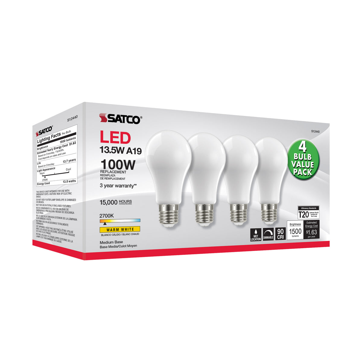 13.5 Watt A19 LED Filament - 100 Watt Replacement - Soft White - Medium base - 2700K - 120 Volt - 4-Pack