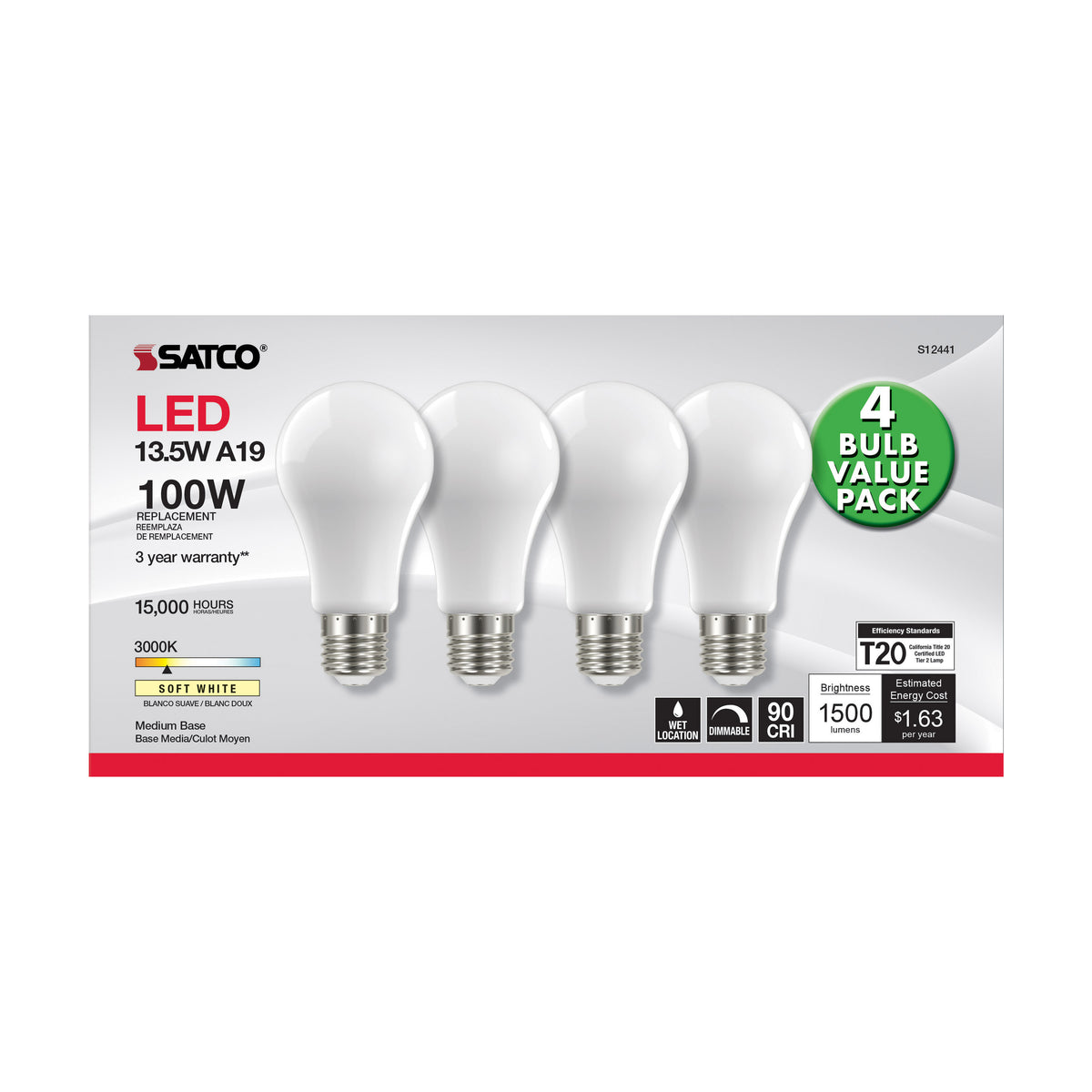 13.5 Watt A19 LED Filament - 100 Watt Replacement - Soft White - Medium base - 3000K - 120 Volt - 4-Pack