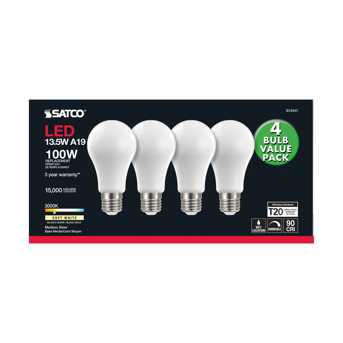 13.5 Watt A19 LED Filament - 100 Watt Replacement - Soft White - Medium base - 3000K - 120 Volt - 4-Pack