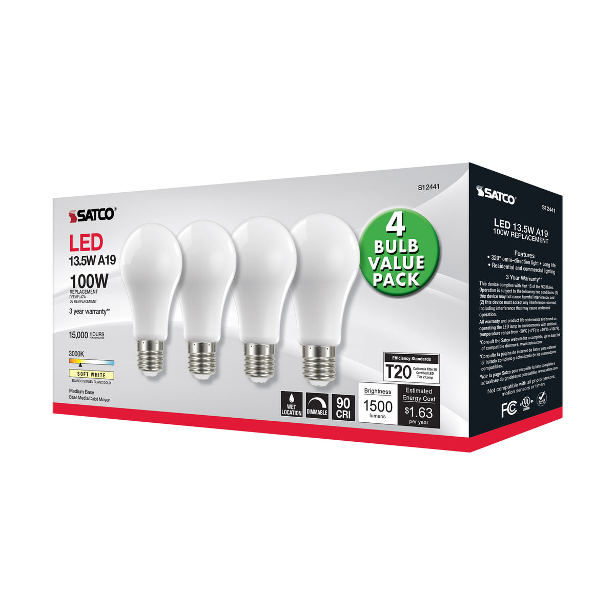 13.5 Watt A19 LED Filament - 100 Watt Replacement - Soft White - Medium base - 3000K - 120 Volt - 4-Pack